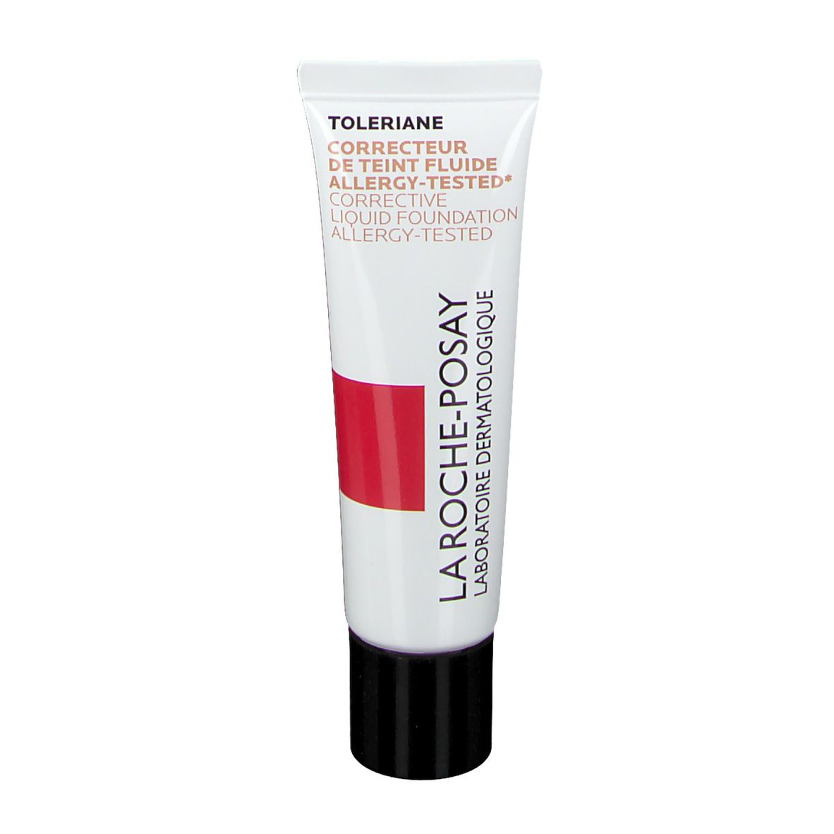 Tube de fond de teint correcteur La Roche-Posay Toleriane. Blanc, bande rouge, bouchon noir. Texte: Toleriane, Corrective Liquid Foundation.