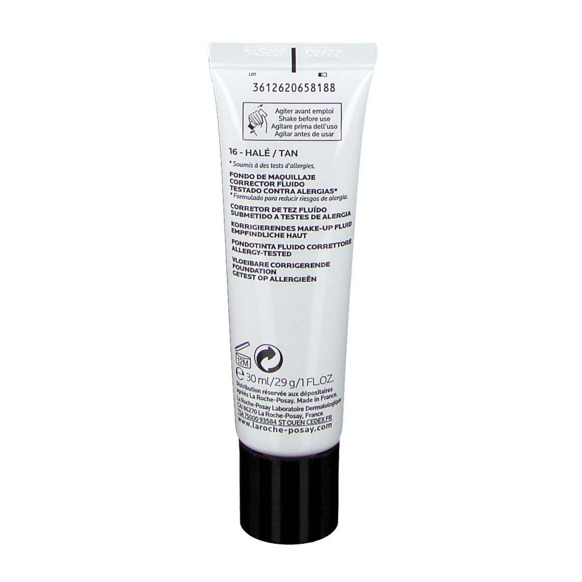Dos du tube La Roche-Posay Toleriane. Texte: 16-Hale/Tan, ingrédients, 30ml/29g/1FL.OZ, Test of Allergen.