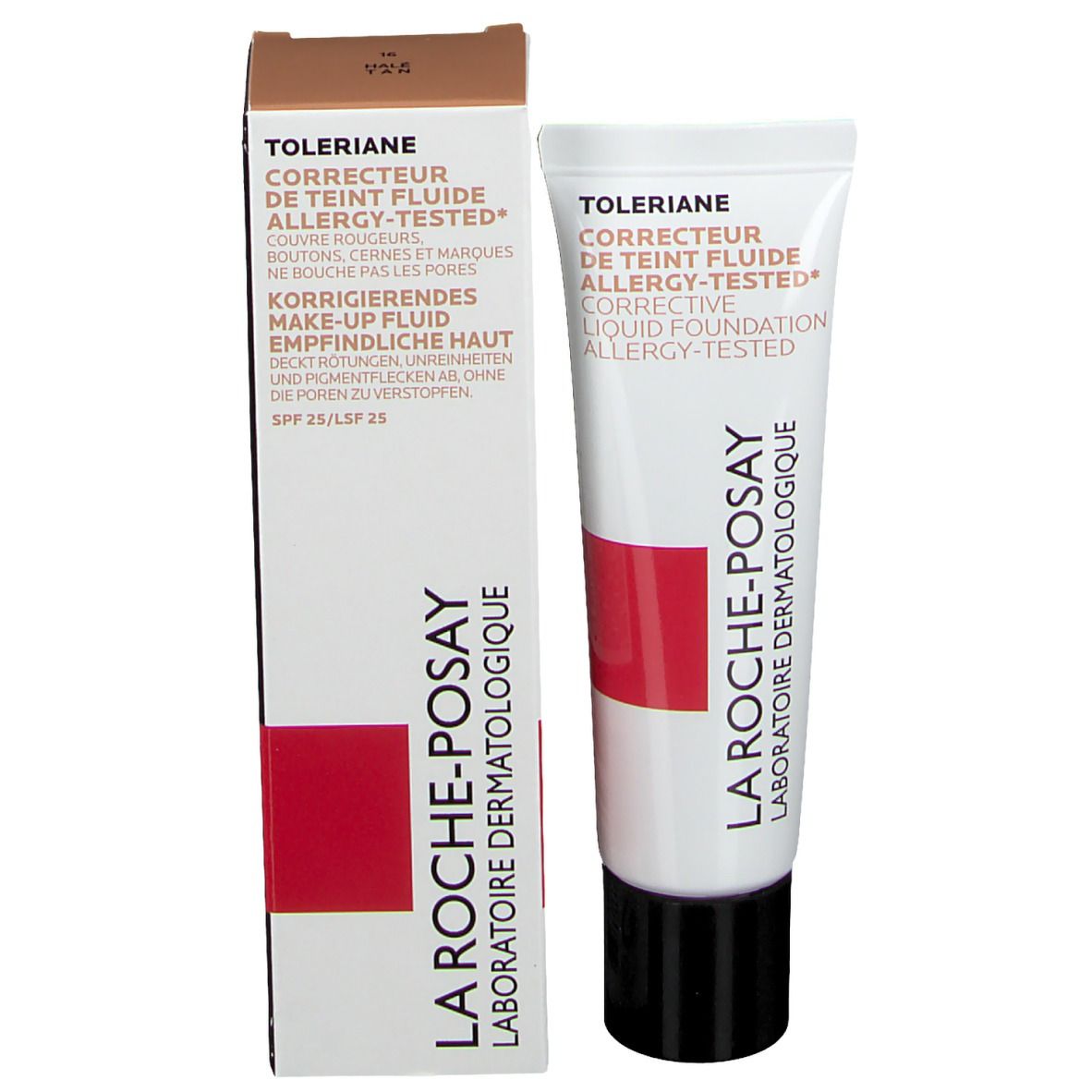 La Roche-Posay Toleriane fond de teint correcteur et emballage. Tube et boîte. Texte: Toleriane, SPF 25/LSF 25.