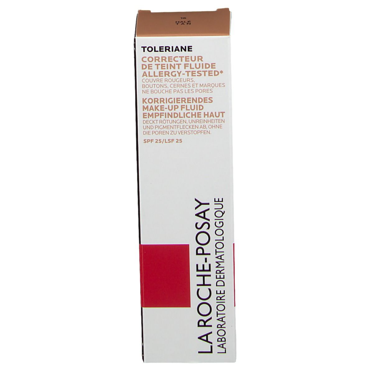 Emballage du fond de teint correcteur La Roche-Posay Toleriane. Texte: Toleriane, SPF 25/LSF 25.