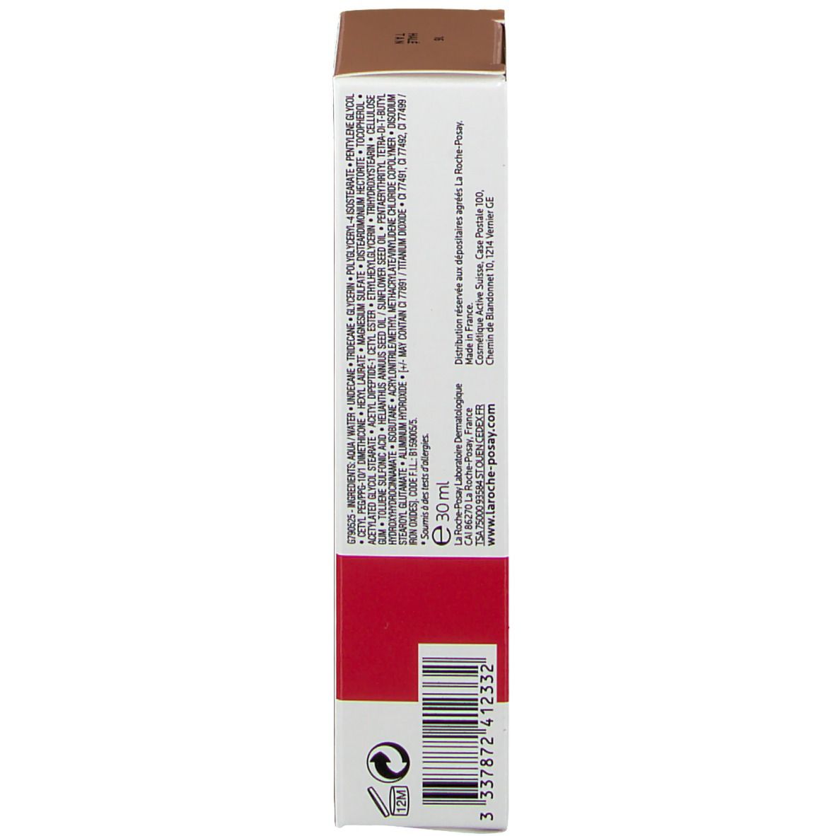 Côté de l'emballage du fond de teint correcteur La Roche-Posay Toleriane. Texte: ingrédients, E 30 ml.