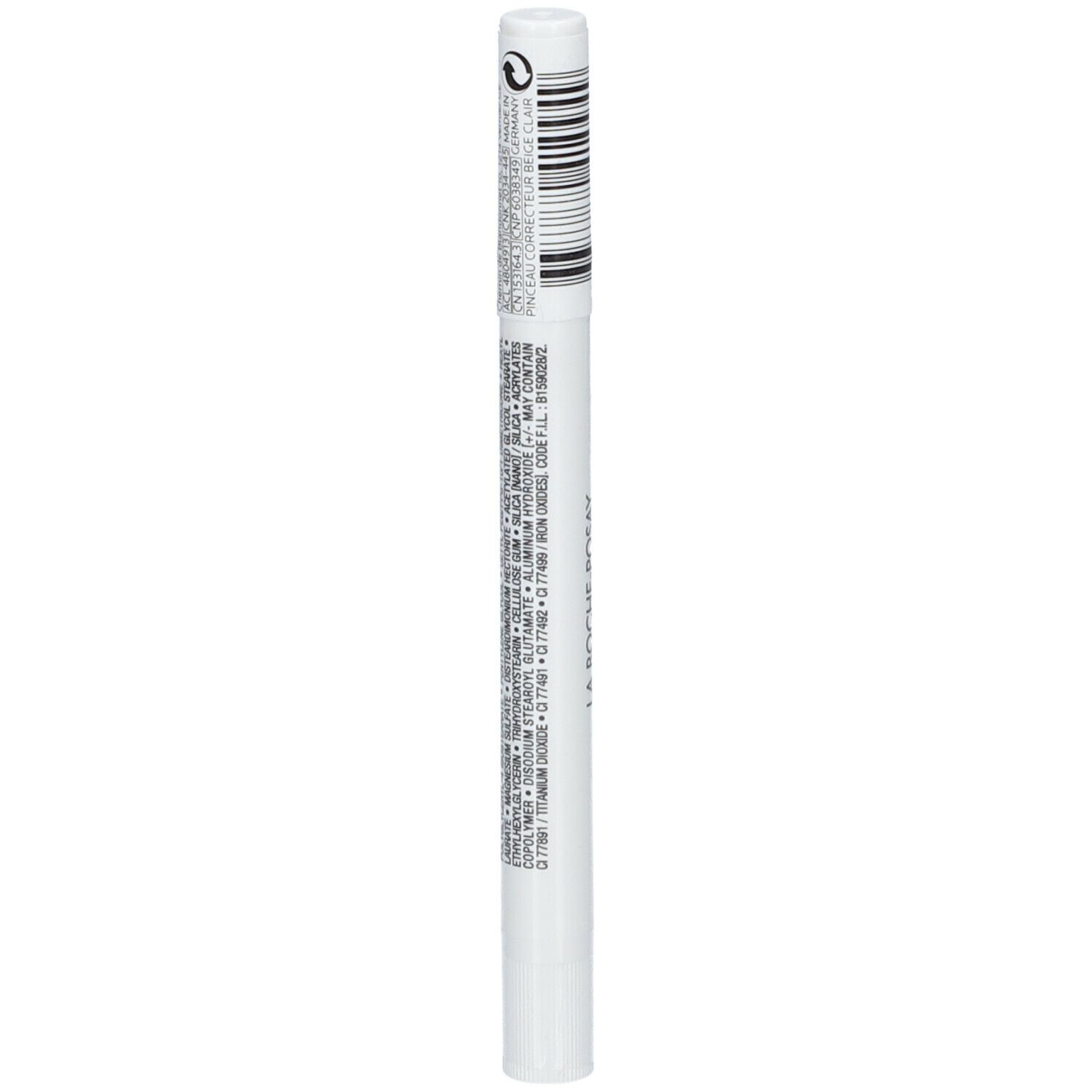 Weißer Stift mit schwarzem Barcode und Text. Aufschrift: LA ROCHE-POSAY TOLERIANE.