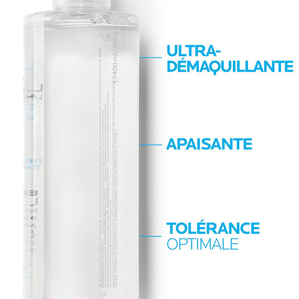 Extrait de texte sur fond bleu : Ultra-Démaquillante, Apaisante, Tolérance Optimale.