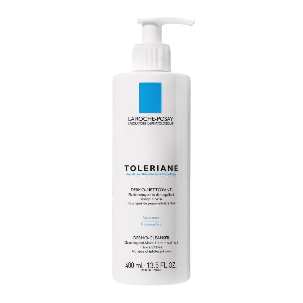 Flacon blanc avec logo bleu. Contient Toleriane Dermo-Nettoyant. Flacon pompe 400 ml.
