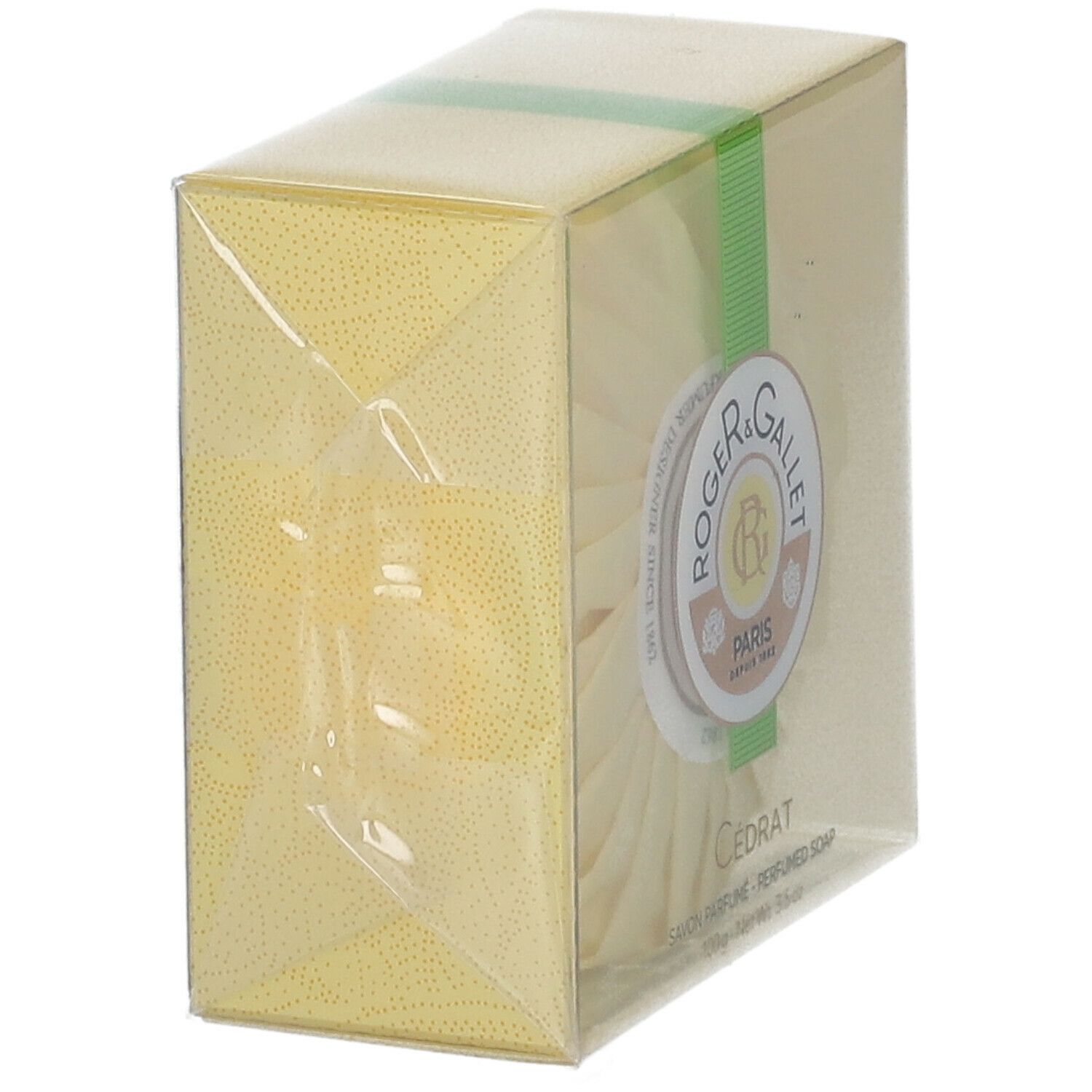 Verpackte Seife. Gelbe Verpackung mit grünem Band. Marke Roger & Gallet, Cédrat. Transparente Hülle.