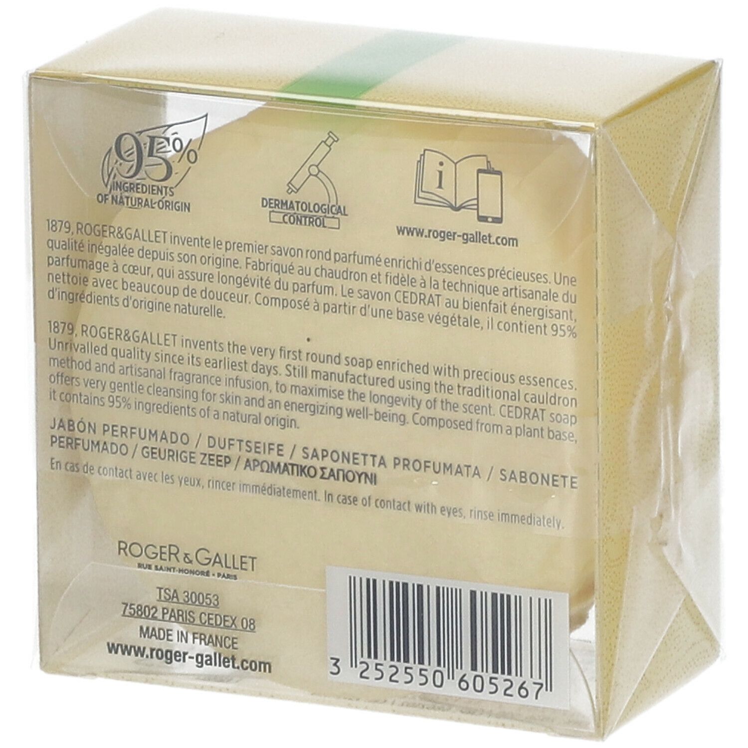 Rückseite der Seifenverpackung. Text mit Inhaltsangaben, Marke Roger & Gallet. Transparente Hülle.