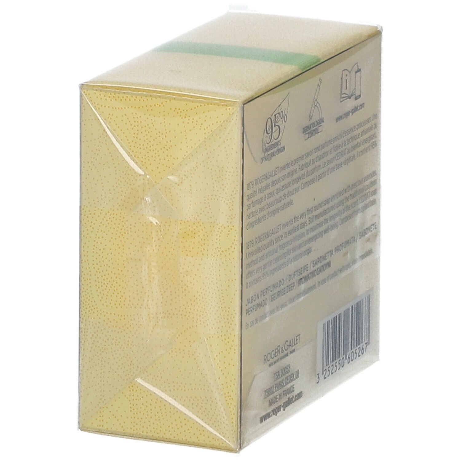 Seifenverpackung, Seitenansicht. Text und Logo Roger & Gallet. Transparente Hülle.