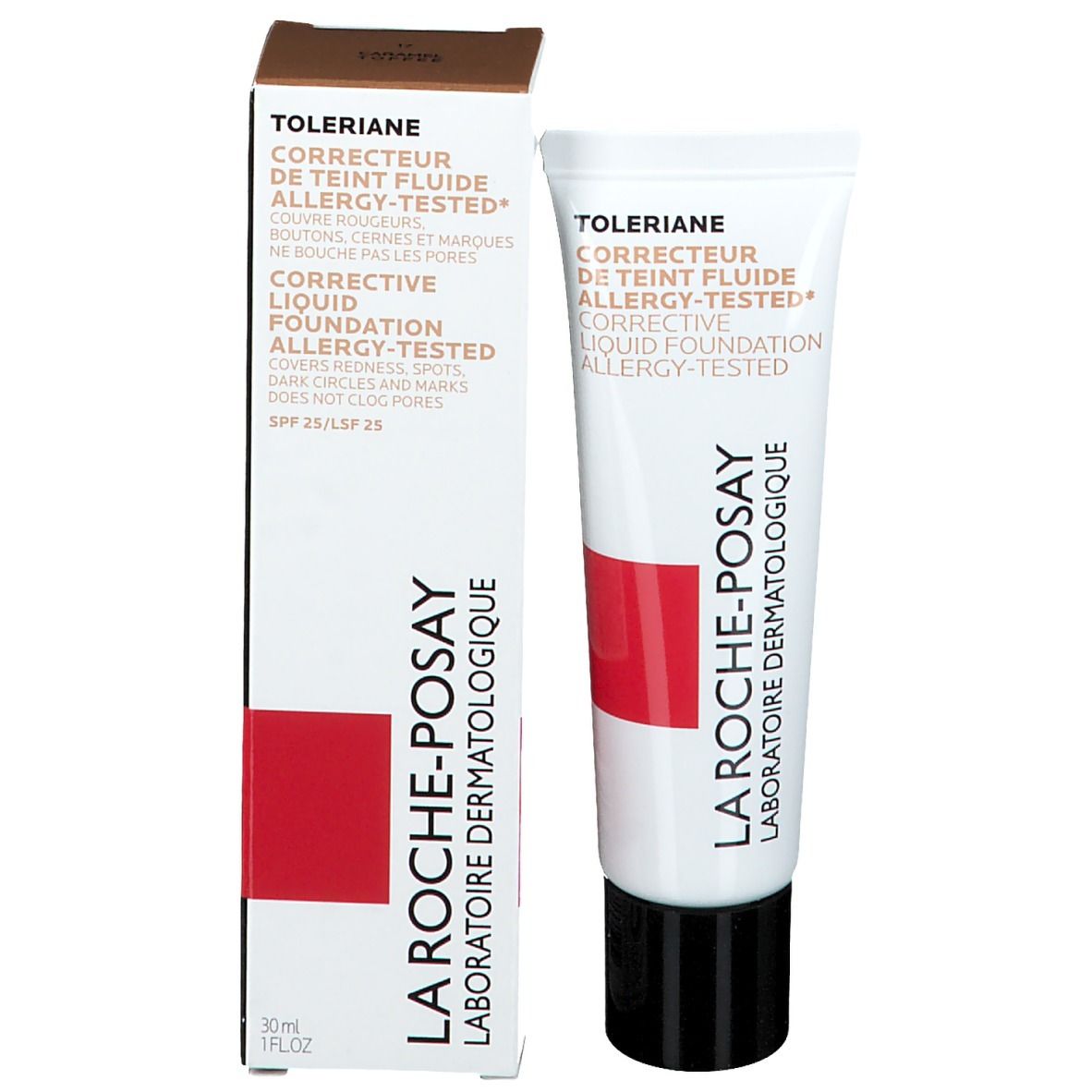 La Roche-Posay Toleriane Make-Up Fluid und Verpackung. Weiße Tube und Karton. Roter Block.