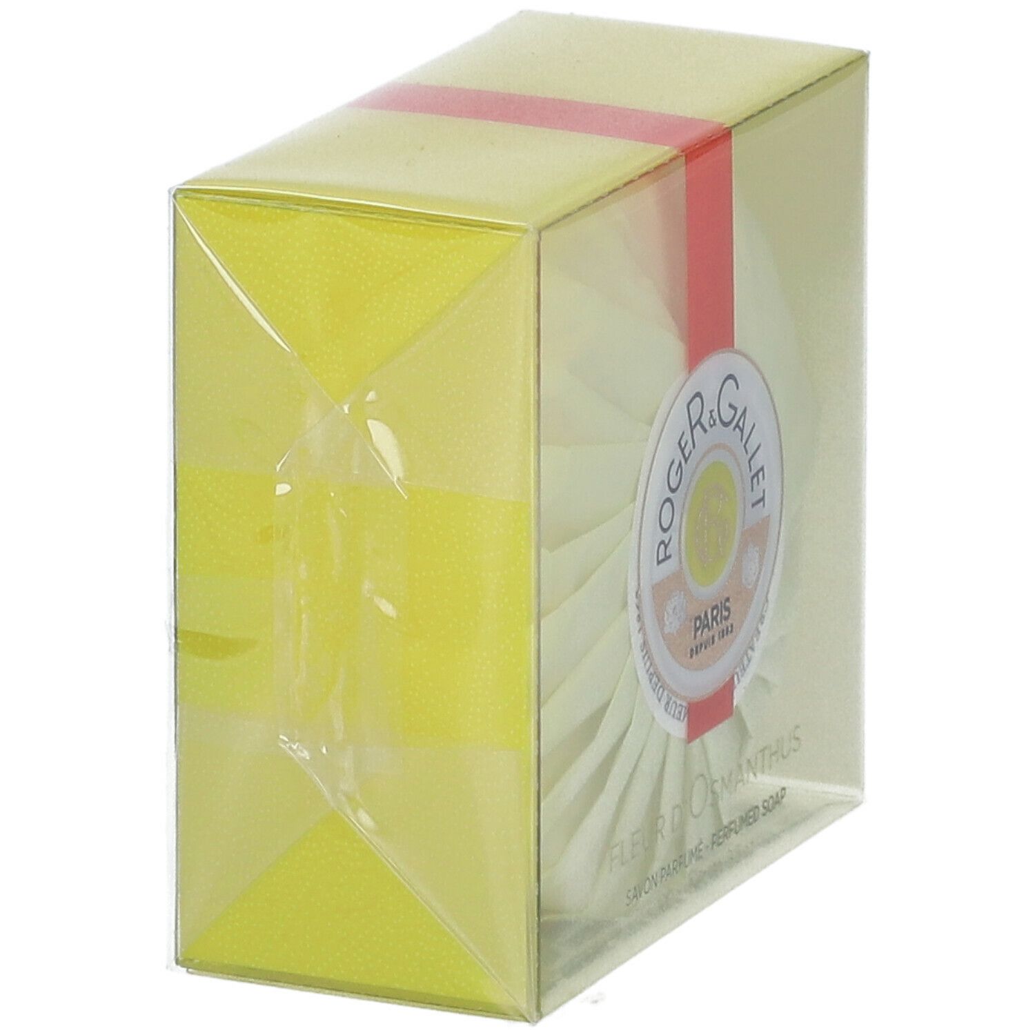 Gelbe Verpackung mit runder Seife. Roter Streifen. Logo Roger & Gallet. Transparente Verpackung.