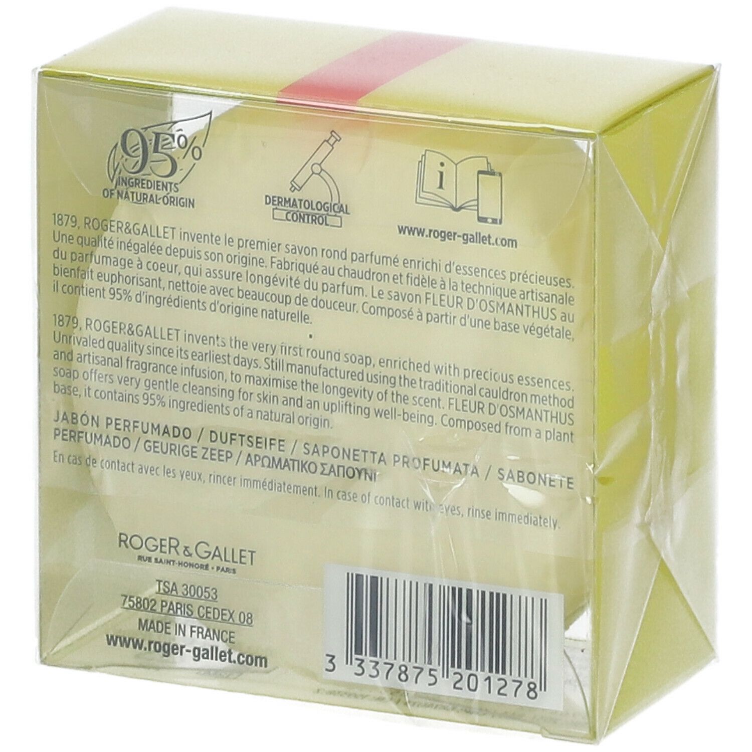 Rückseite der gelben Verpackung. Text: Roger & Gallet, Fleur d'Osmanthus. Barcode. Text in mehreren Sprachen.