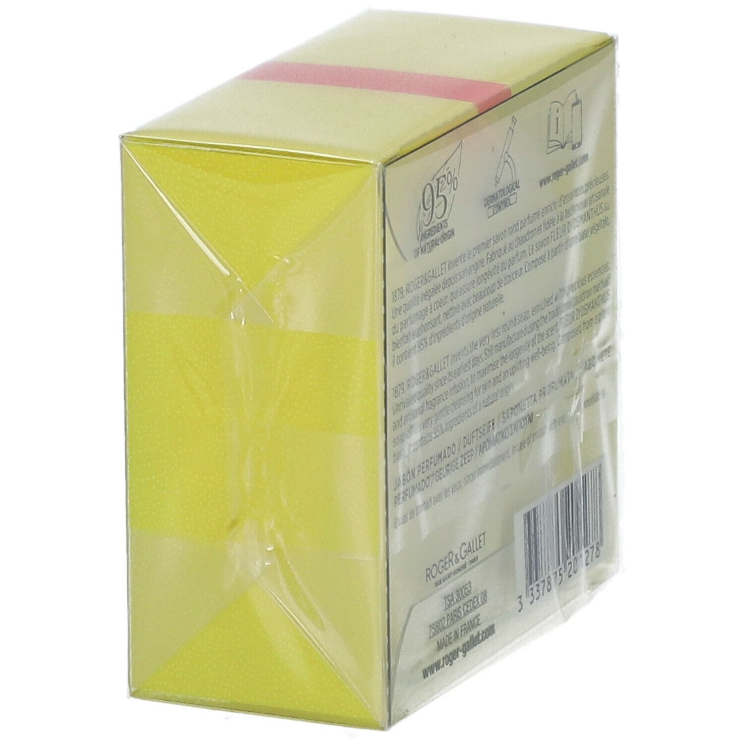 Gelbe Verpackung mit Text und Barcode. Roter Streifen. Logo Roger & Gallet. Transparente Verpackung.