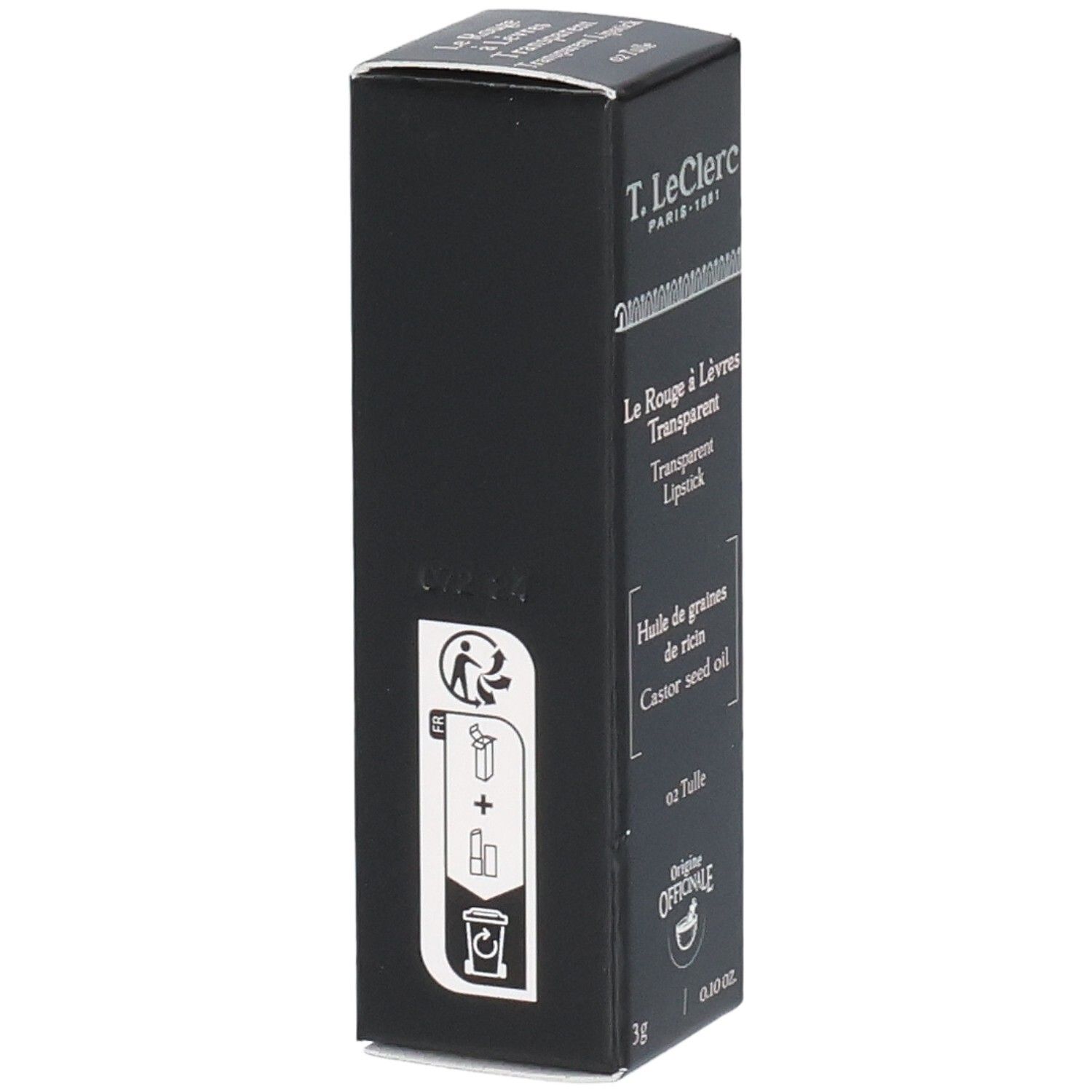 Schwarze Verpackung mit Text. Enthält: T.LeClerc Transparent Lipstick, 3g, 0.10 oz. Mit Recycling-Symbolen.