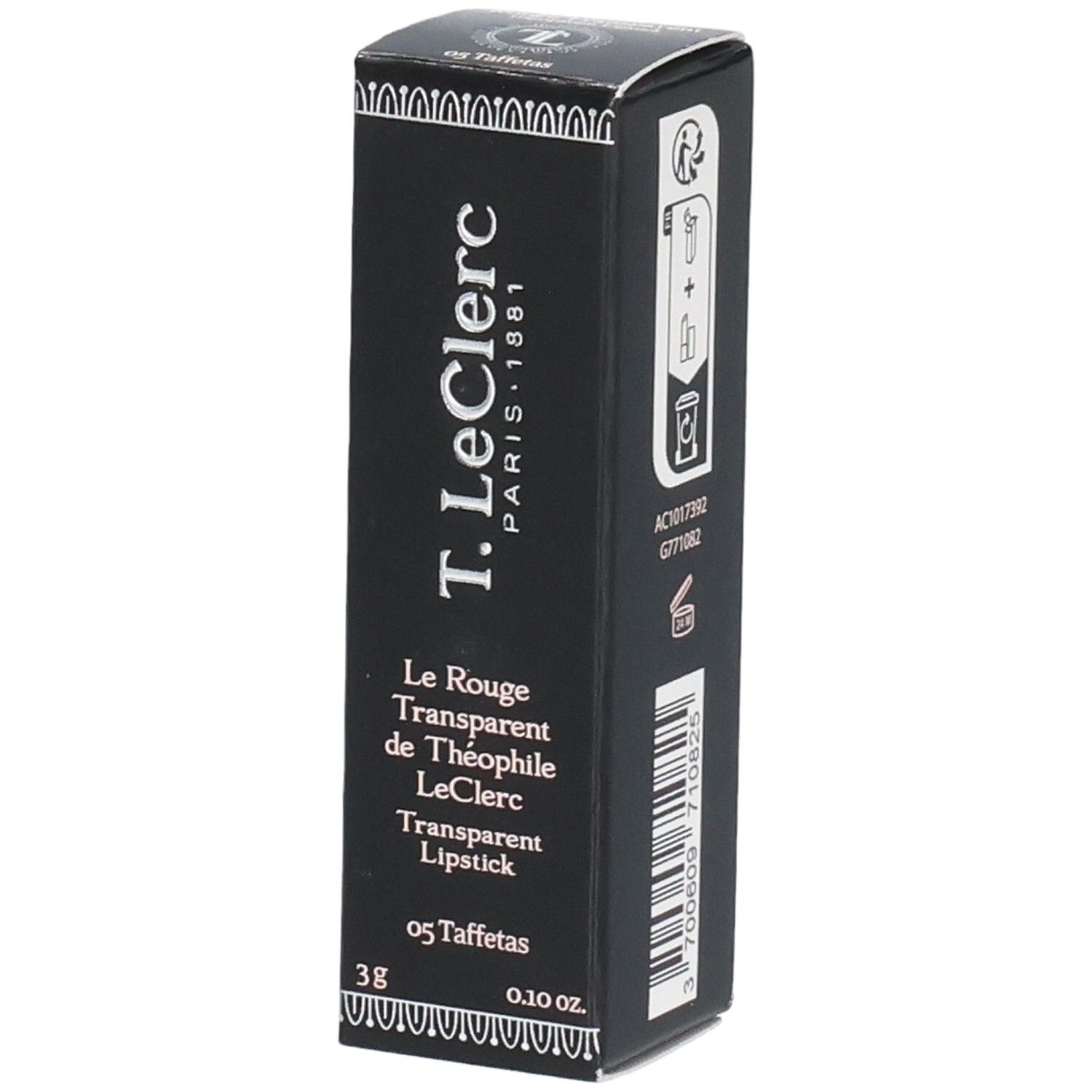 Schwarze Verpackung von T.LeClerc. Text: Transparent Lipstick, 05 Taffetas, 3g, 0.10 oz. Logo T.LeClerc Paris 1881.