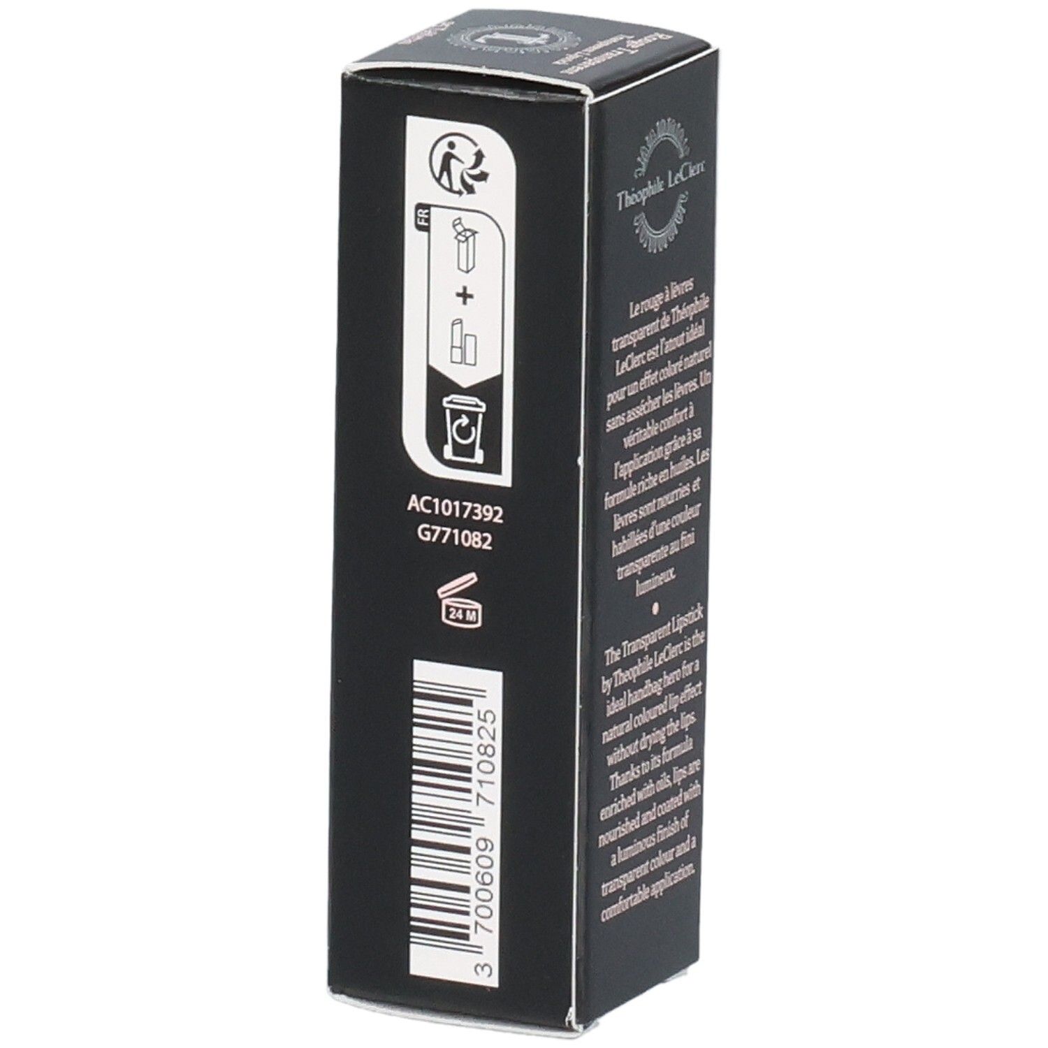 Seite der schwarzen Verpackung von T.LeClerc. Text: AC1017392 G771082, 24M. Logo T.LeClerc Paris 1881.