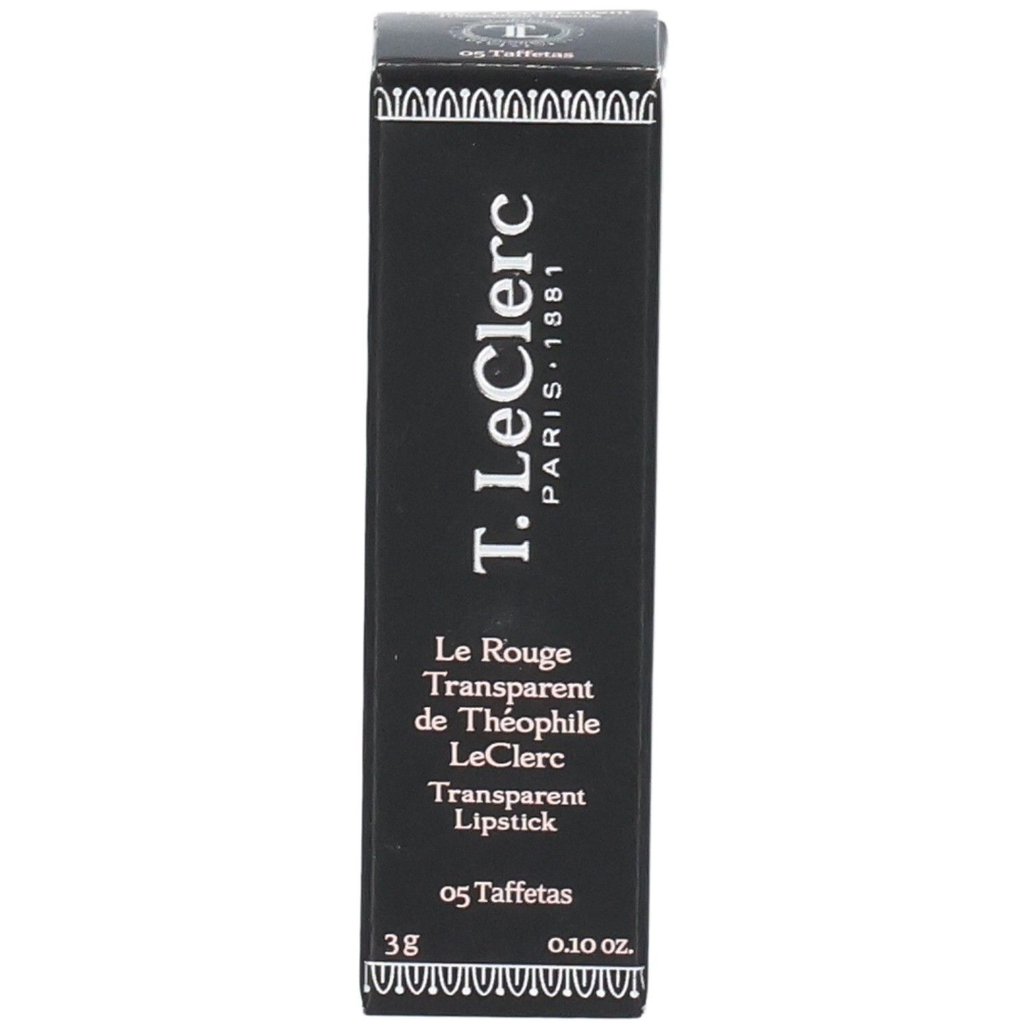Schwarze Verpackung von T.LeClerc. Text: Transparent Lipstick, 05 Taffetas, 3g, 0.10 oz. Logo T.LeClerc Paris 1881.