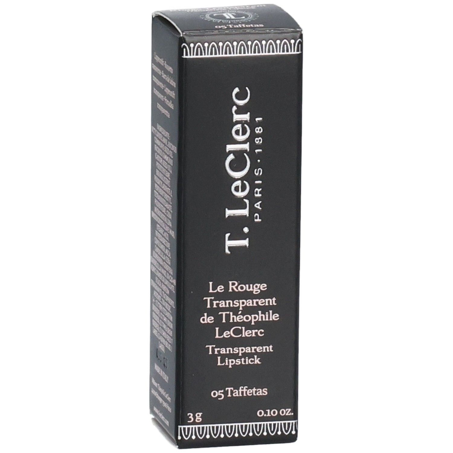 Schwarze Verpackung von T.LeClerc. Text: Transparent Lipstick, 05 Taffetas, 3g, 0.10 oz. Logo T.LeClerc Paris 1881.