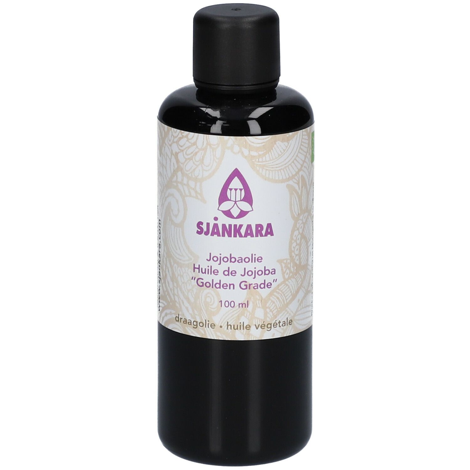 Braune Flasche mit schwarzem Deckel. Etikett mit Produktnamen SJANKARA, Jojobaöl, und weiteren Angaben.