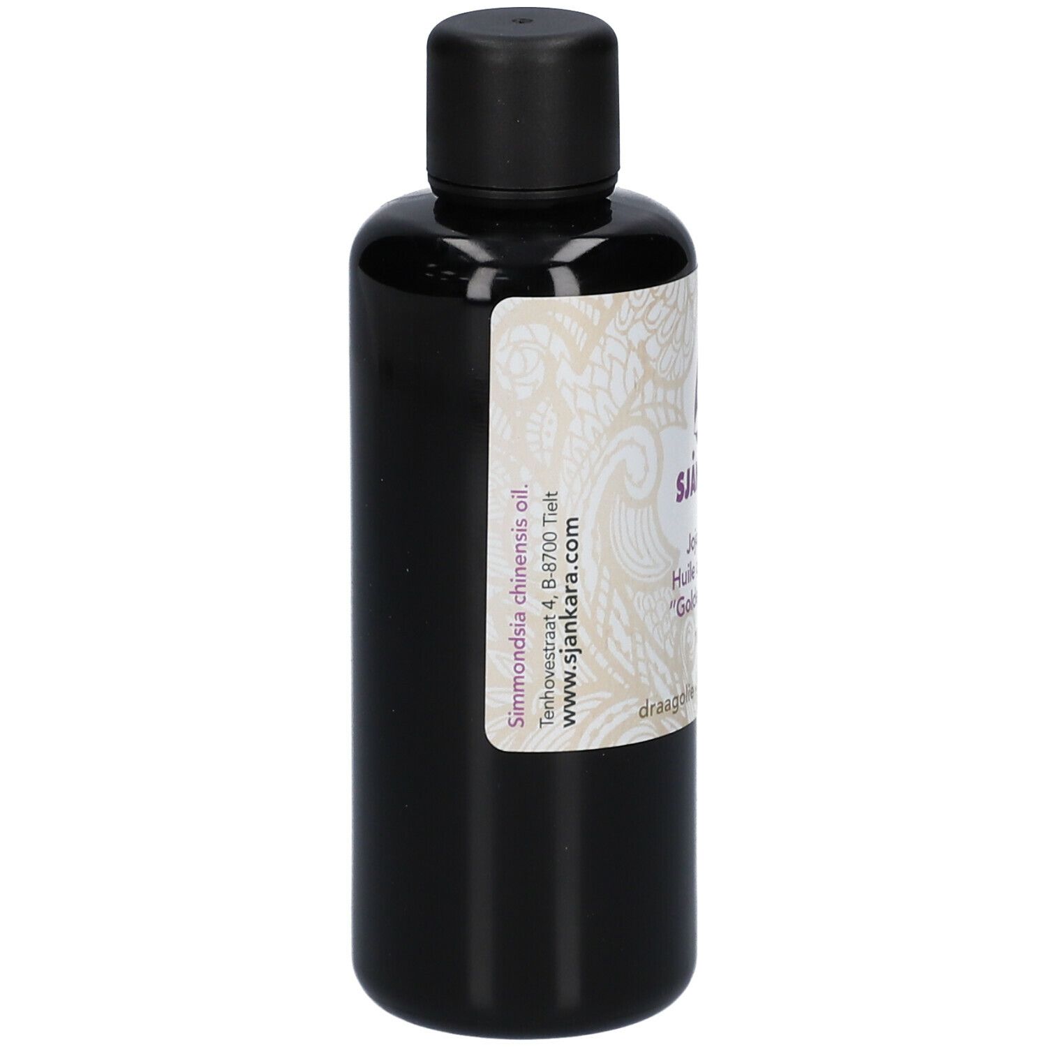 Braune Flasche mit schwarzem Deckel. Etikett mit Produktinformationen, Inhaltsstoffen und Kontaktinformationen.