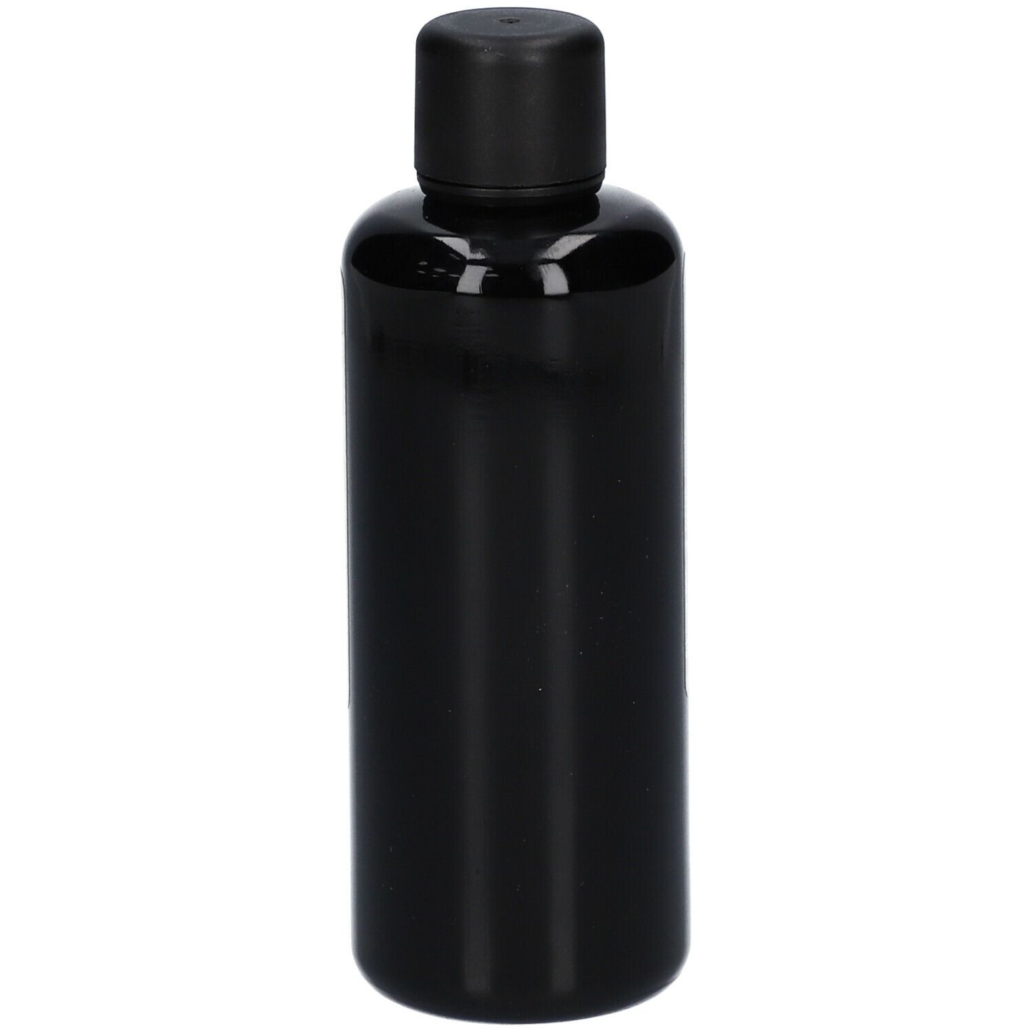 Braune, zylindrische Flasche mit schwarzem Schraubverschluss. Keine weiteren Details sichtbar.
