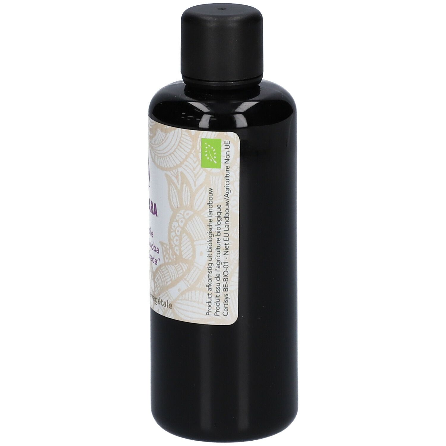 Braune Flasche mit schwarzem Deckel. Etikett mit Produktnamen SJANKARA, Jojobaöl, und Bio-Siegel.