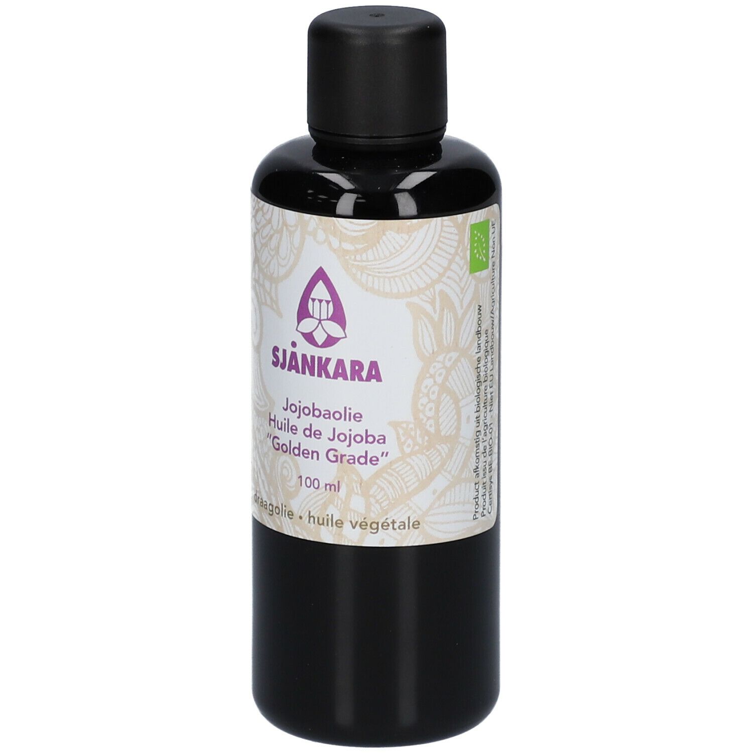 Braune Flasche mit schwarzem Deckel. Etikett mit Produktnamen SJANKARA, Jojobaöl, und weiteren Angaben.