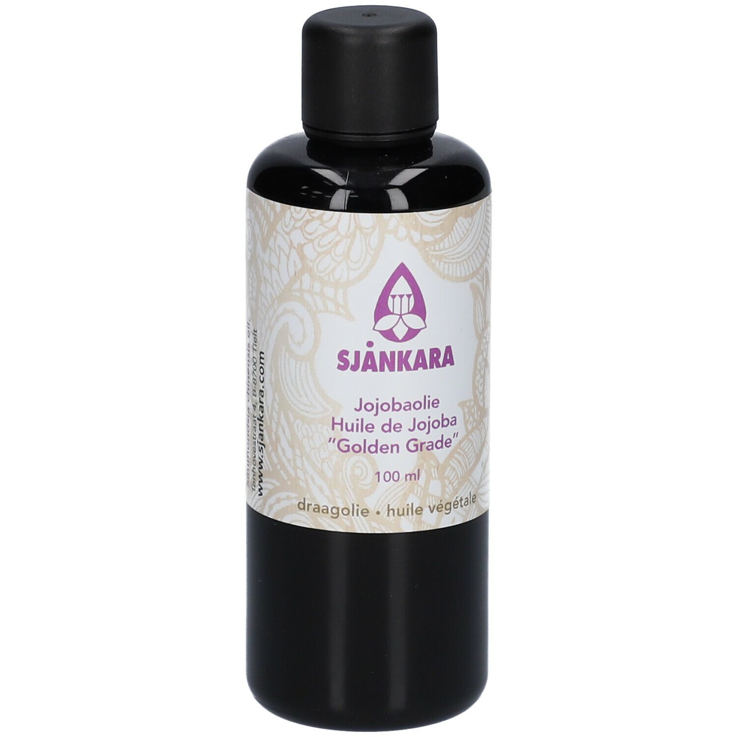 Braune Flasche mit schwarzem Deckel. Etikett mit Produktnamen SJANKARA, Jojobaöl, und weiteren Angaben.