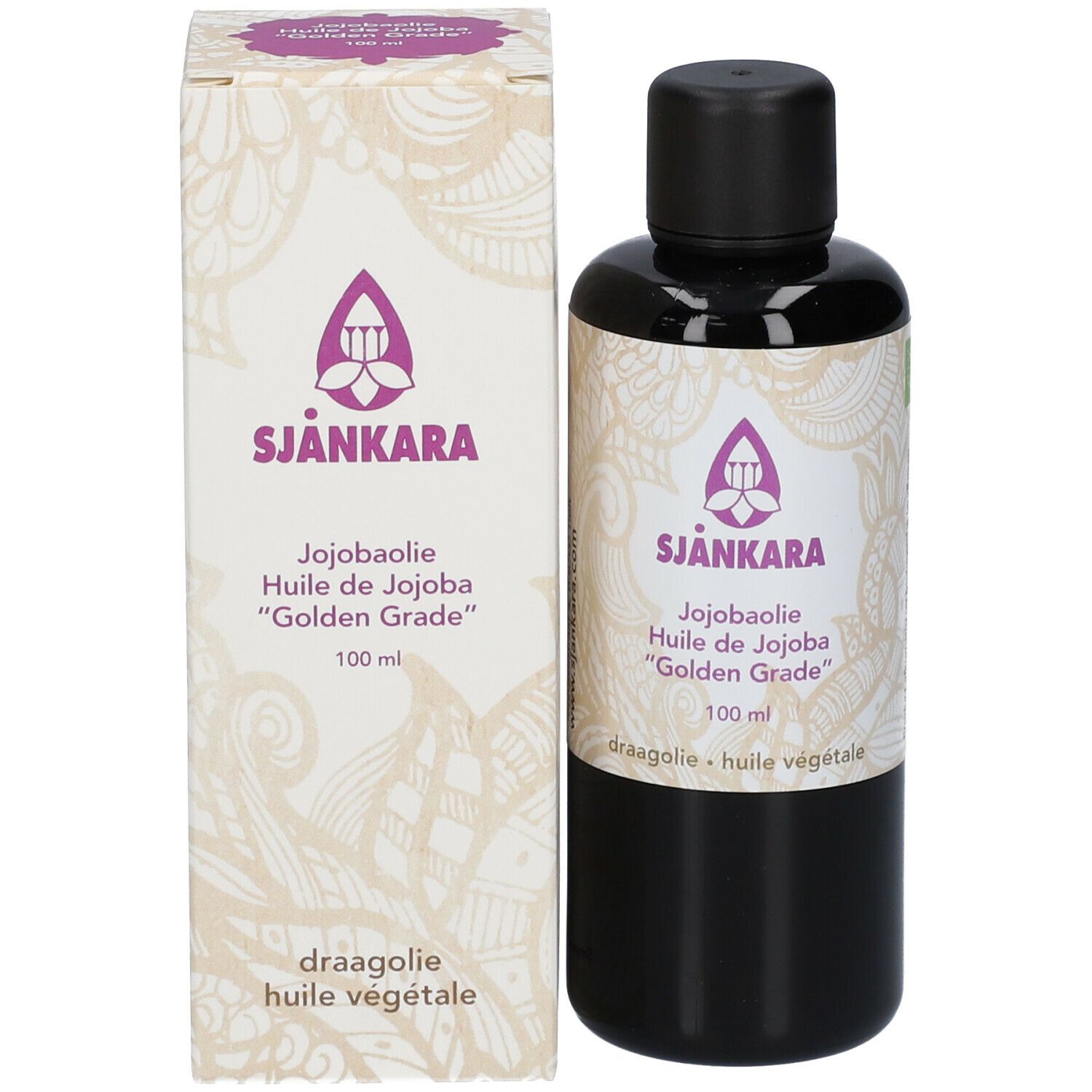 Braune Flasche mit schwarzem Deckel und rechteckiger Verpackung. Verpackung mit Produktnamen SJANKARA, Jojobaöl.