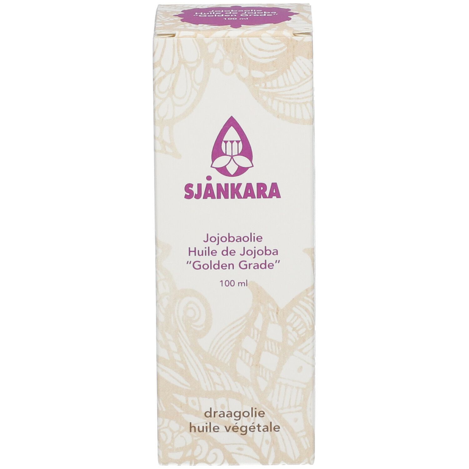 Rechteckige Verpackung mit Produktnamen SJANKARA, Jojobaöl. Floral Muster auf cremefarbenem Hintergrund.