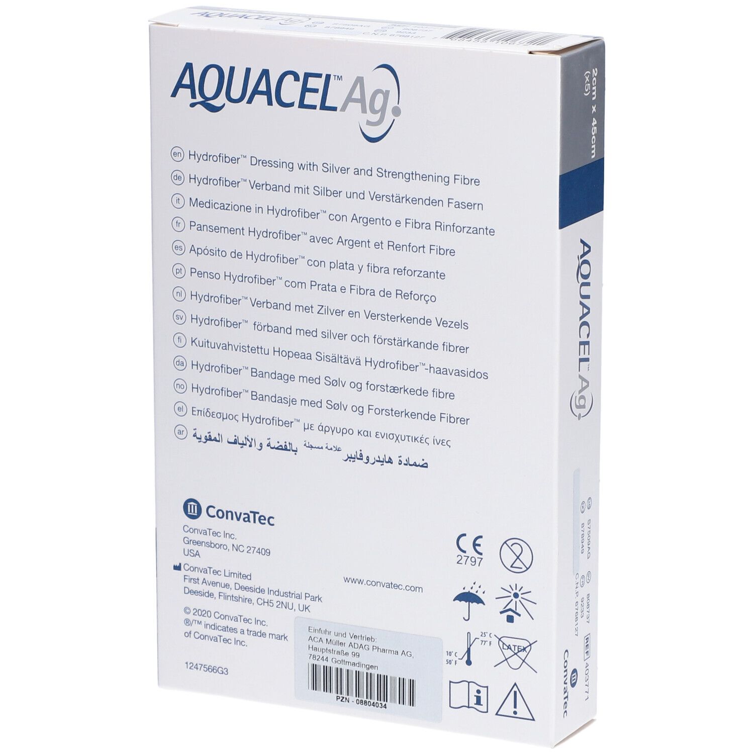 Dos de l'emballage AQUACEL Ag. Informations multilingues sur le produit. Logos Convatec et Hydrofiber.