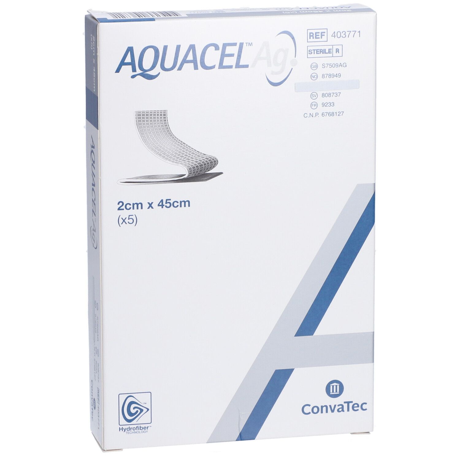 Emballage AQUACEL Ag. Inscription : 2 cm x 45 cm, (x5). Logos Hydrofiber et Convatec. Illustration du produit.