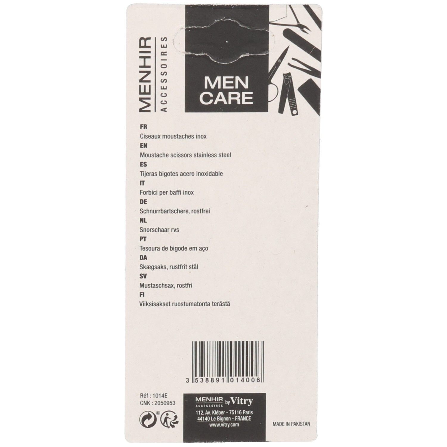 Rückseite der Verpackung. Text in mehreren Sprachen. Marke: Menhir Accessoires. Aufdruck: Men Care.