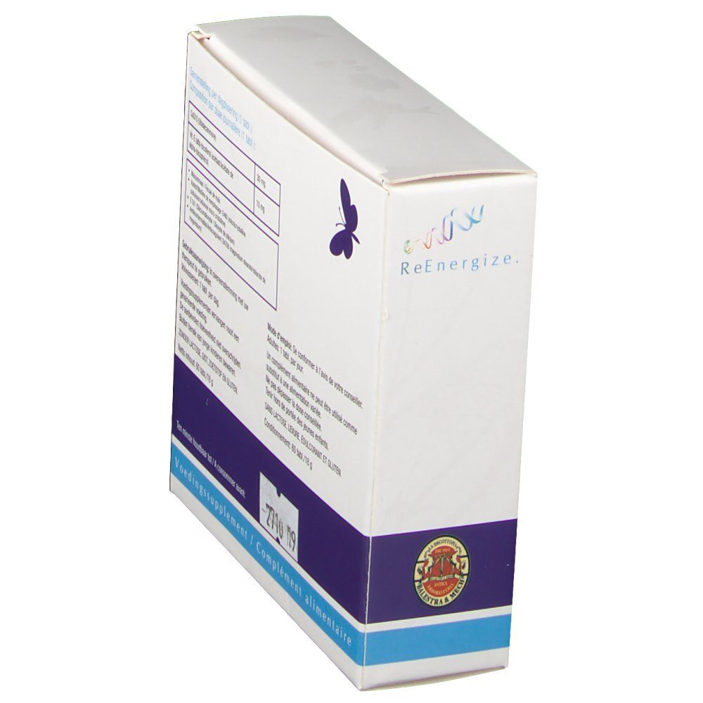 Vue latérale de l'emballage Ubigold Q-10®. Contient des informations sur la composition et le dosage. Avec logo.