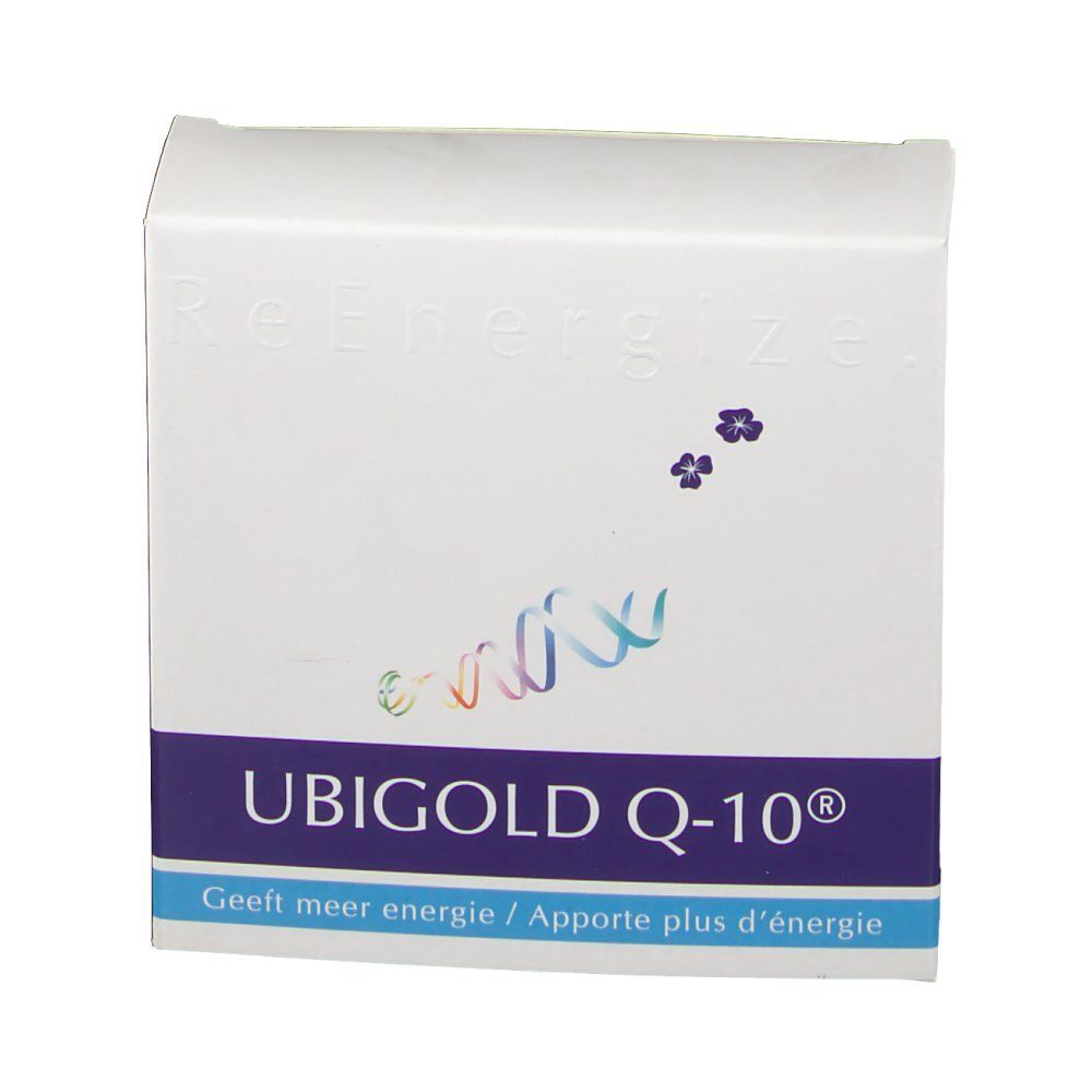 Emballage Ubigold Q-10® avec bande bleue. Inscription : Donne plus d'énergie. Avec logo et ReEnergize.