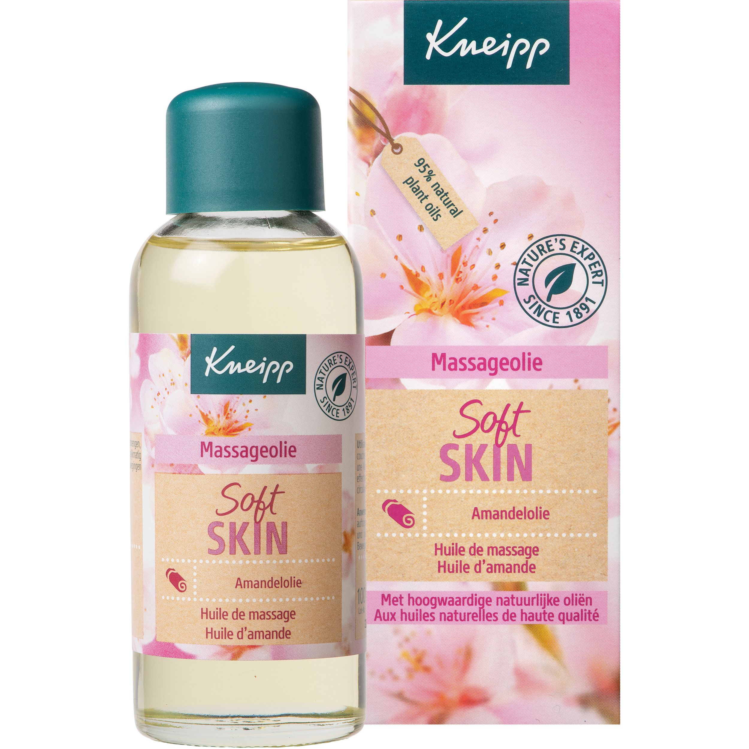 Bouteille et emballage Kneipp Soft Skin. Nom du produit et fleurs. 95% huiles naturelles. Bouchon vert.