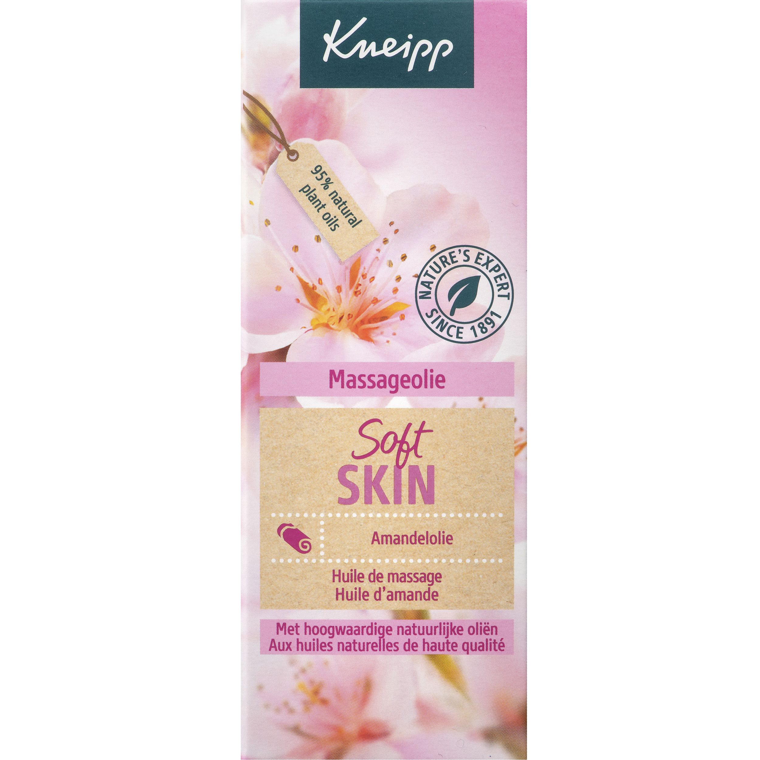 Emballage Kneipp Soft Skin. Nom du produit et fleurs. 95% huiles naturelles. Emballage vert et blanc.
