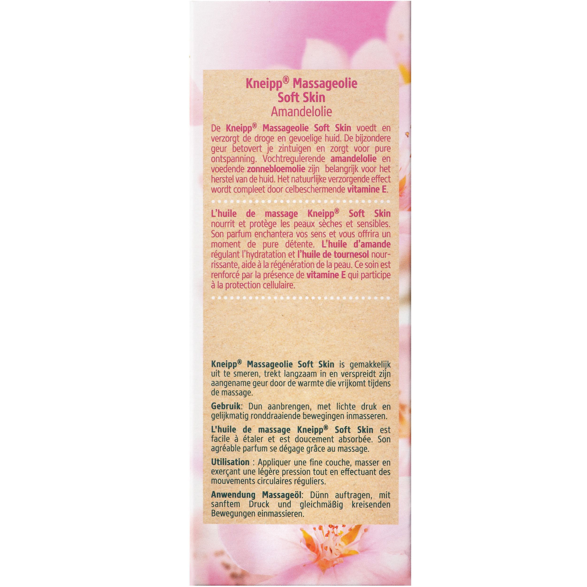 Emballage Kneipp Soft Skin. Nom du produit et fleurs. 95% huiles naturelles. Emballage vert et blanc.