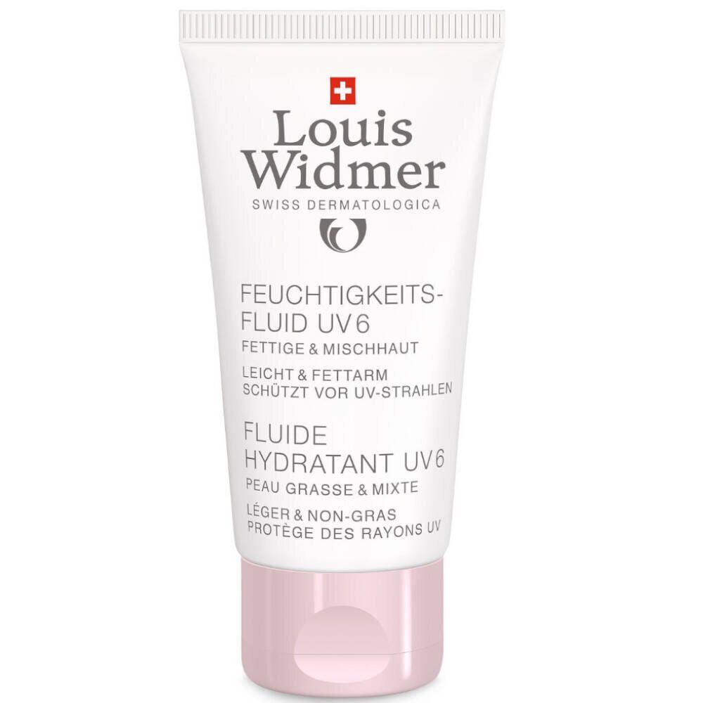 Weiße Tube mit rosa Verschluss. Aufschrift: Louis Widmer, Feuchtigkeitsfluid UV6. Für fettige & Mischhaut.