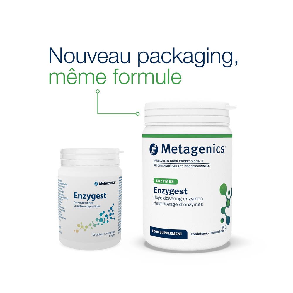 Dos de la boîte blanche. Texte: complément alimentaire, ingrédients, mode d'emploi. Marque: Metagenics.