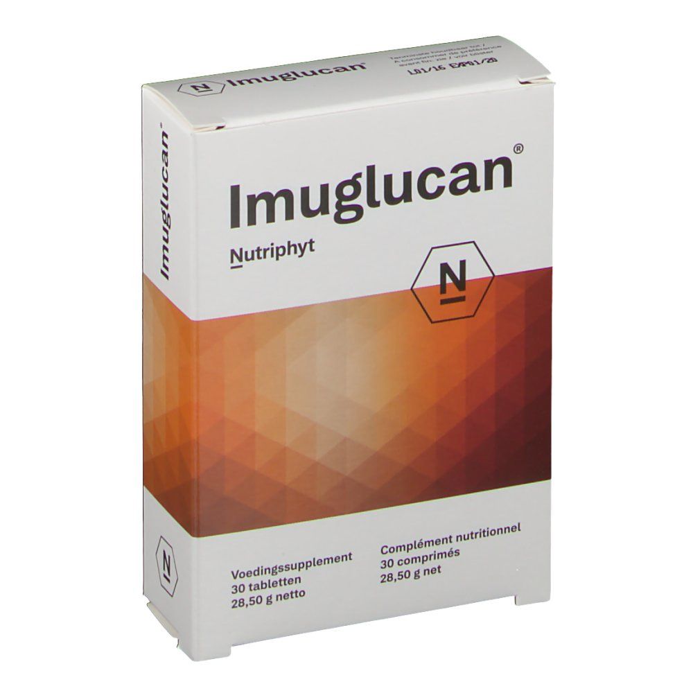Kartonverpackung von Imuglucan. Aufschrift: Imuglucan, Nutriphyt. Enthält 30 Tabletten. Hintergrund mit braunem Muster.