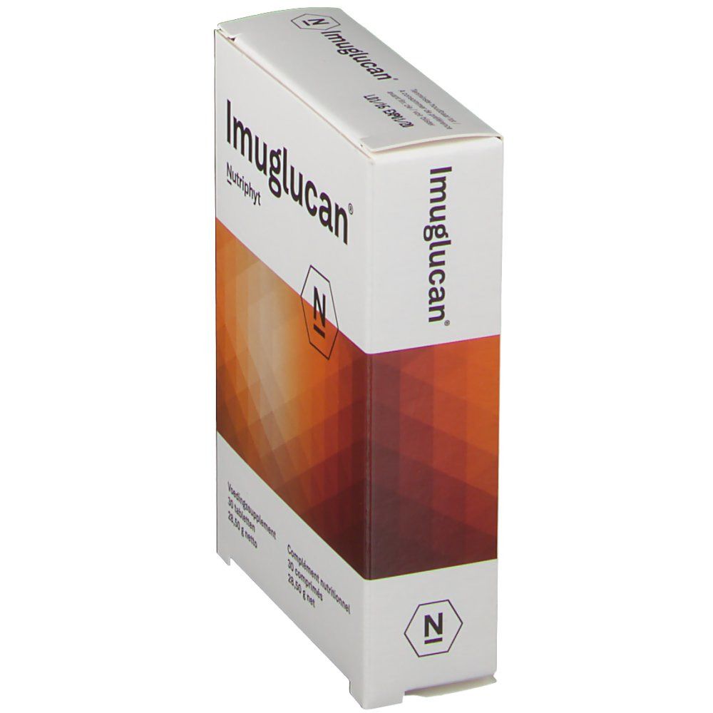Schrägansicht der Imuglucan-Verpackung. Aufschrift: Imuglucan, Nutriphyt. Hintergrund mit braunem Muster.