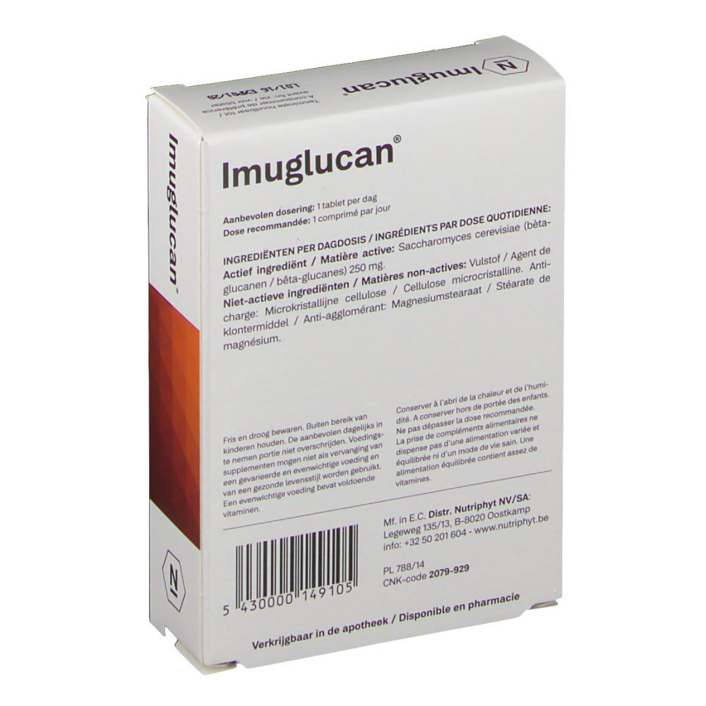 Rückseite der Imuglucan-Verpackung. Enthält Informationen zu Inhaltsstoffen und Dosierung. Barcode sichtbar.