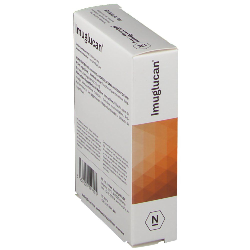 Schrägansicht der Imuglucan-Verpackung. Aufschrift: Imuglucan. Rückseite mit Text.
