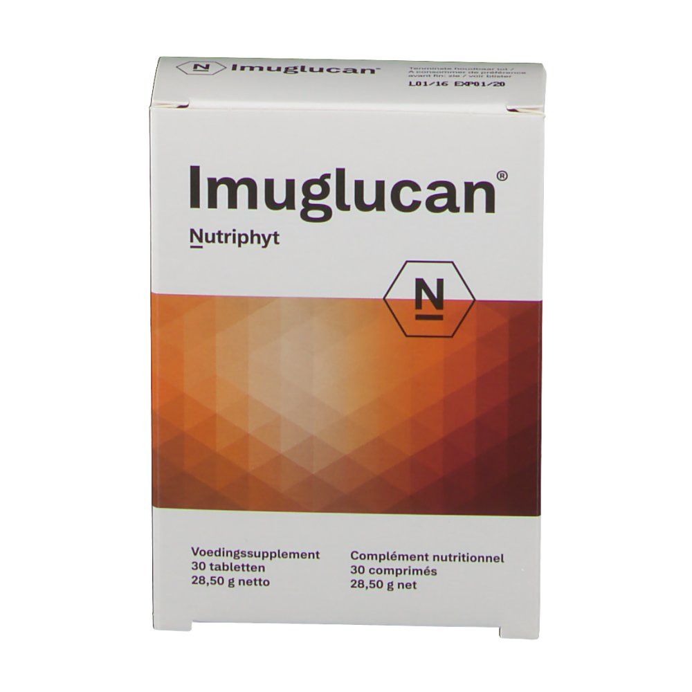 Vorderansicht der Imuglucan-Verpackung. Aufschrift: Imuglucan, Nutriphyt. Enthält 30 Tabletten. Hintergrund mit braunem Muster.