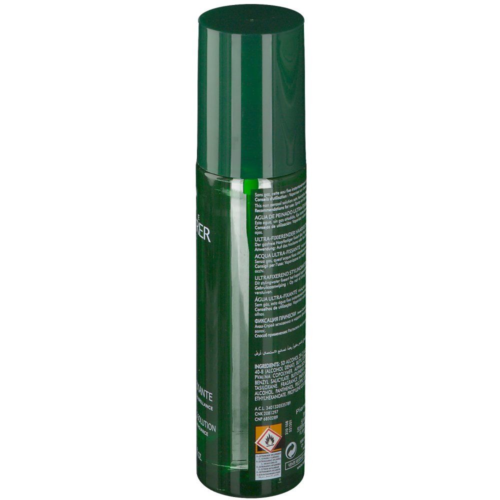 Dos du flacon spray vert. Texte multilingue. Avertissement: facilement inflammable.