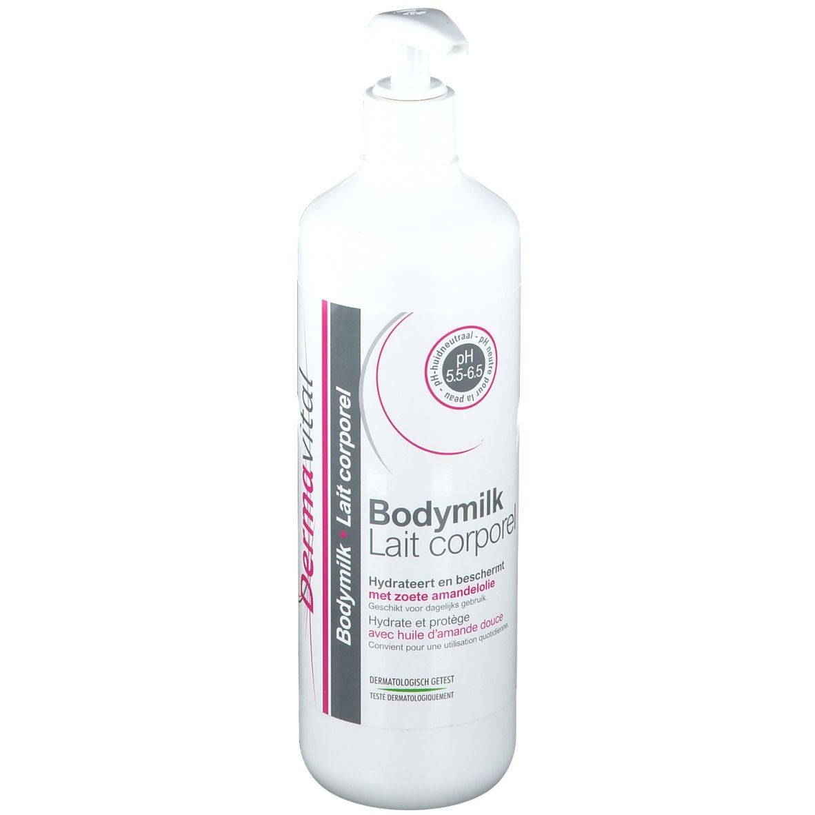 Flacon blanc avec pompe. Inscription: Dermavital Bodymilk Lait corporel. pH 5.5-6.5. À l'huile d'amande douce. Testé dermatologiquement.