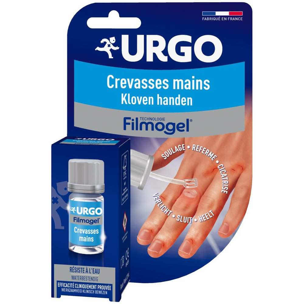 Blau-weiße Verpackung mit Produkt. URGO, Filmogel, Crevasses mains. Flasche mit Applikator. CE-Zeichen.