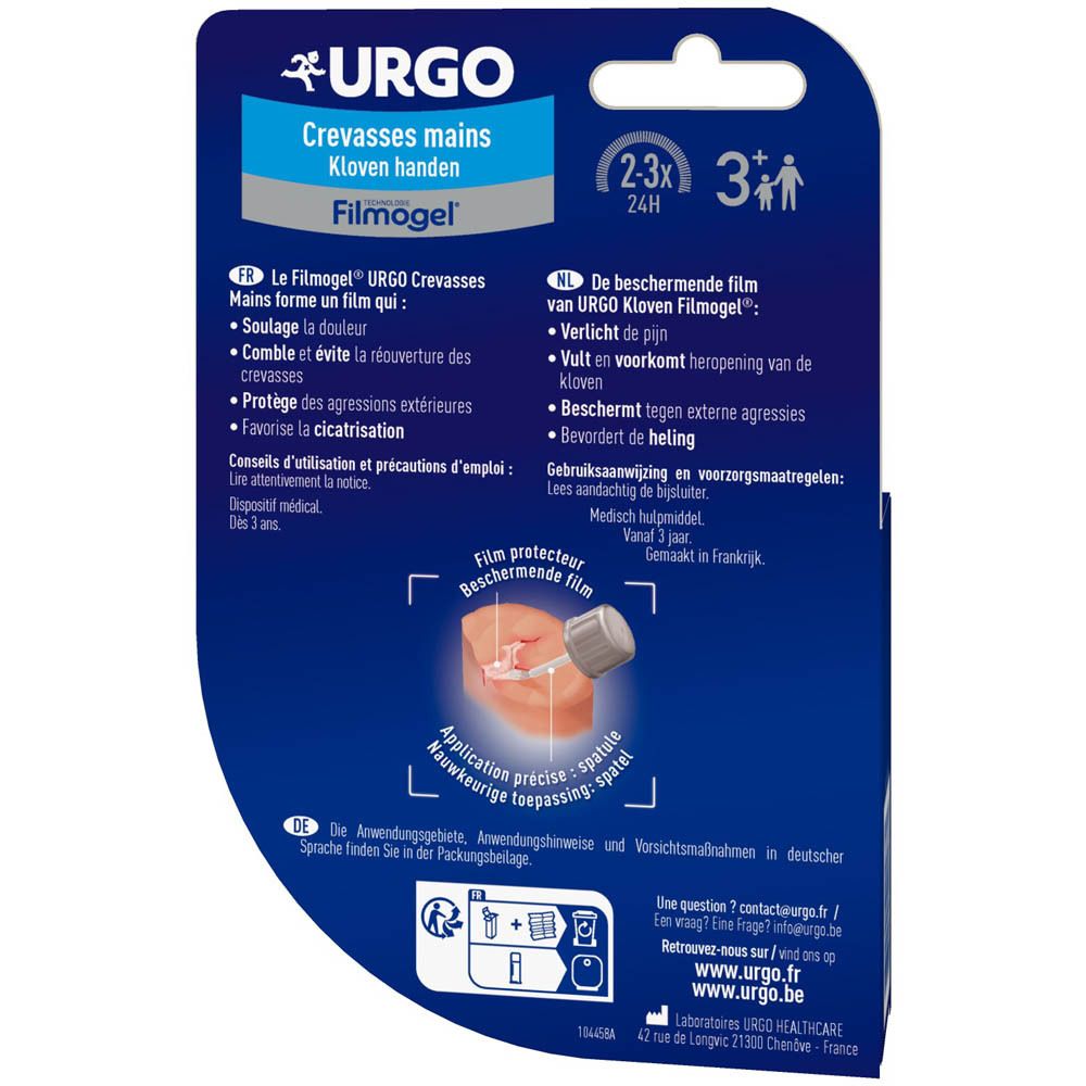 Rückseite der Verpackung. URGO, Filmogel, Crevasses mains. Text in Französisch und Niederländisch. Illustration.