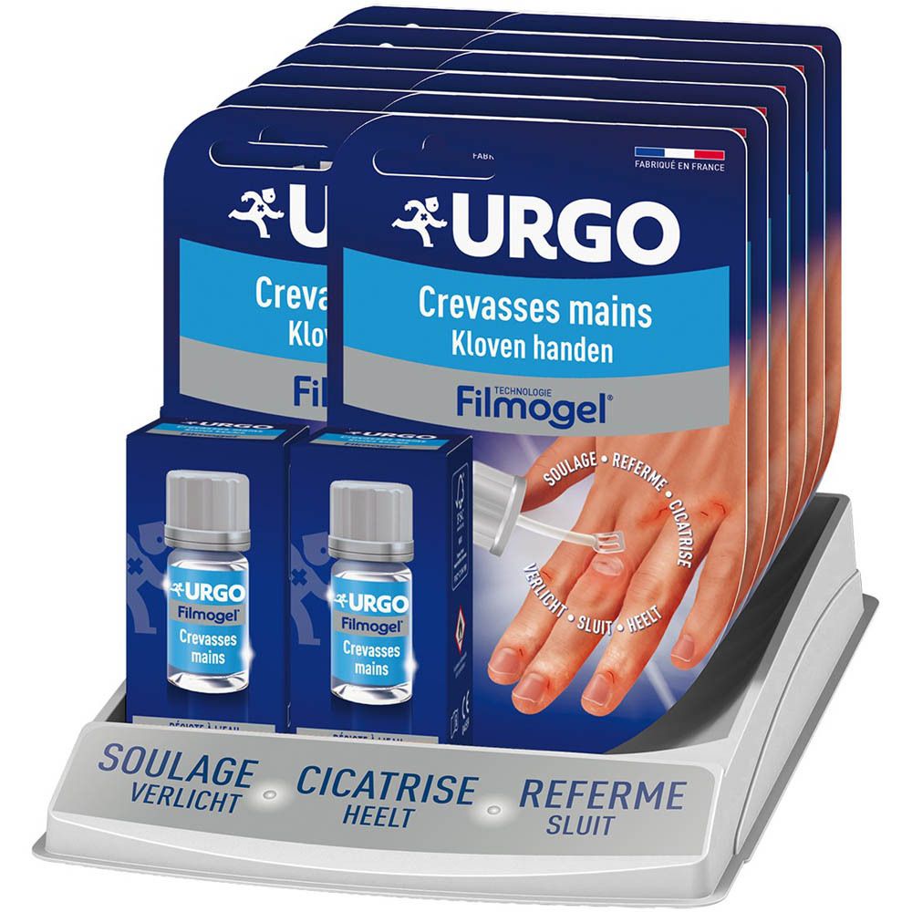 Produktpräsentation. URGO, Filmogel, Crevasses mains. Mehrere Verpackungen und Flaschen.