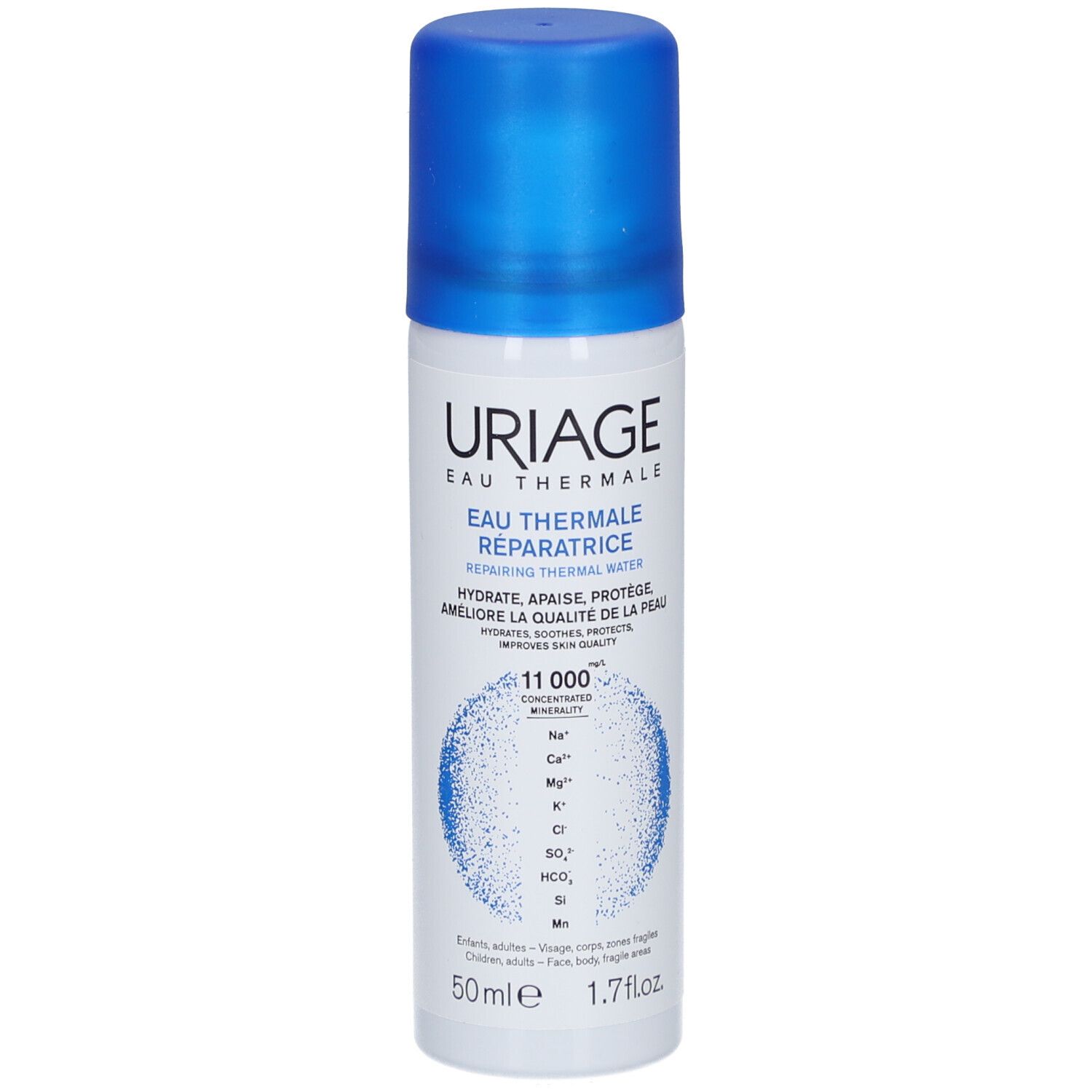 Weiß-blaue Sprühflasche. Aufschrift: URIAGE Eau Thermale. Text: Eau Thermale Réparatrice. 50ml, 1.7 fl.oz. Grafik: Mineralien.