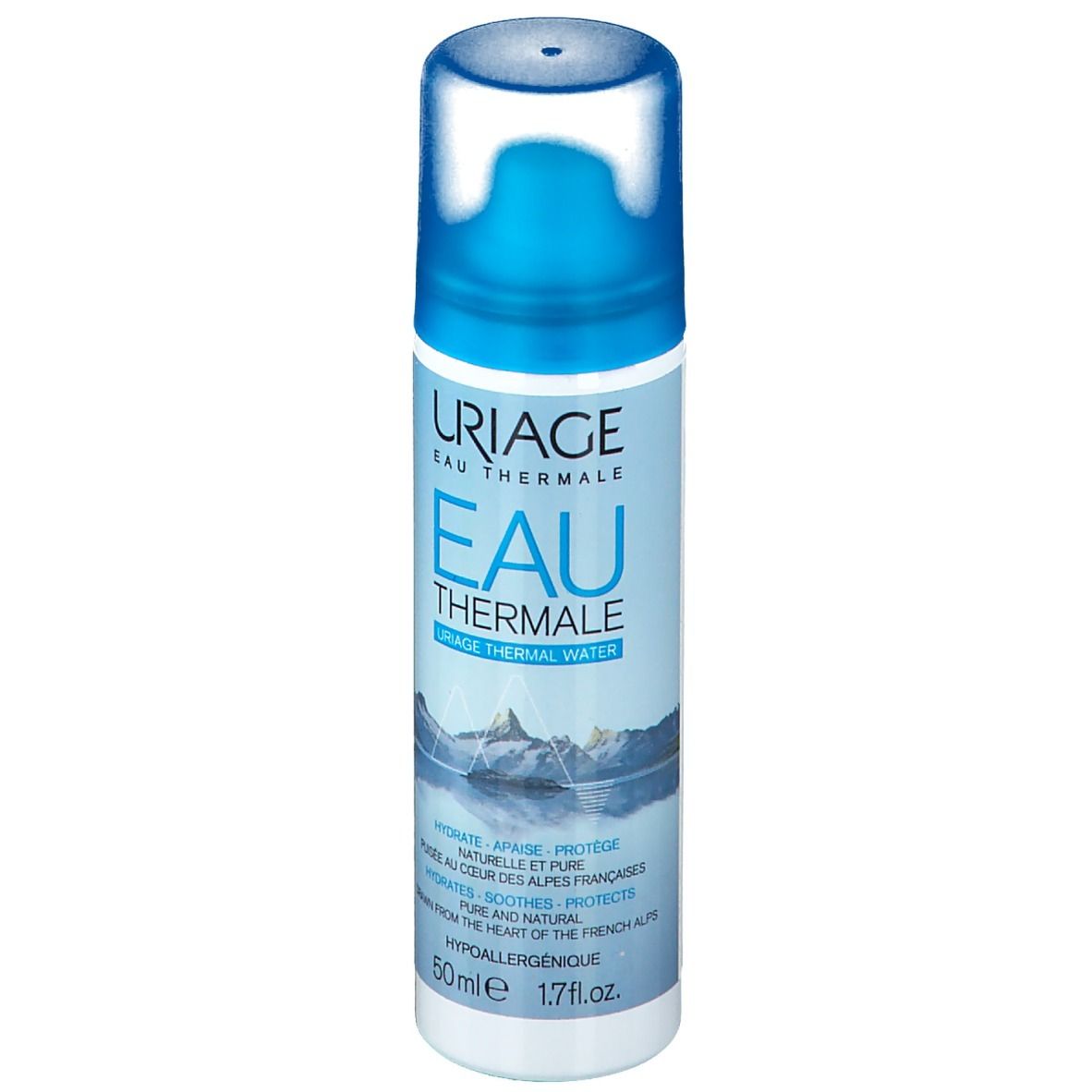 Weiße Sprühflasche mit blauem Deckel. Aufschrift: URIAGE Eau Thermale. Text: Eau Thermale. Grafik: Berge und See. 50ml, 1.7 fl.oz.